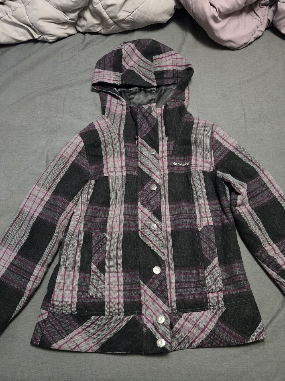 Columbia Hooded Plaid Coat in Gray and Purple